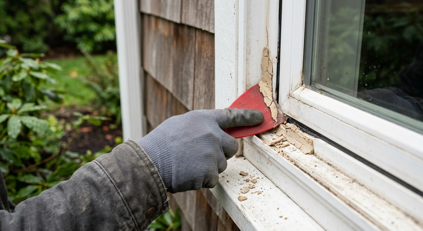 A close-up of a window seal being repaired on a home in Magnolia, WA.