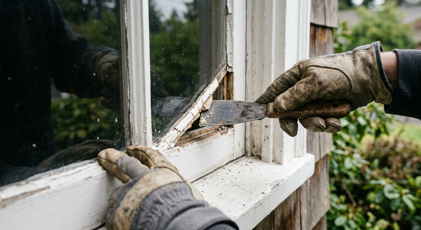 Close-up of a hand using a putty knife for window repairs on a home in Mill Creek, WA.