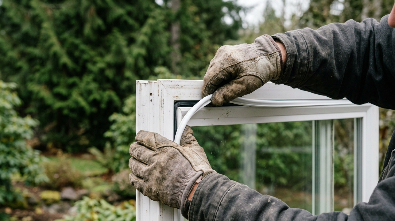 Hands in gloves performing a window repair on a home in Mill Creek, WA.