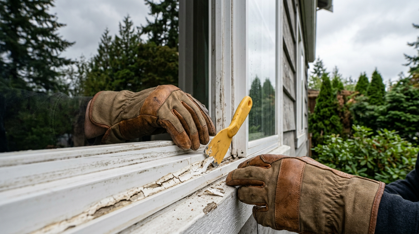 A House Spouse technician carefully performing window repairs on a Mill Creek home to prepare for fall.