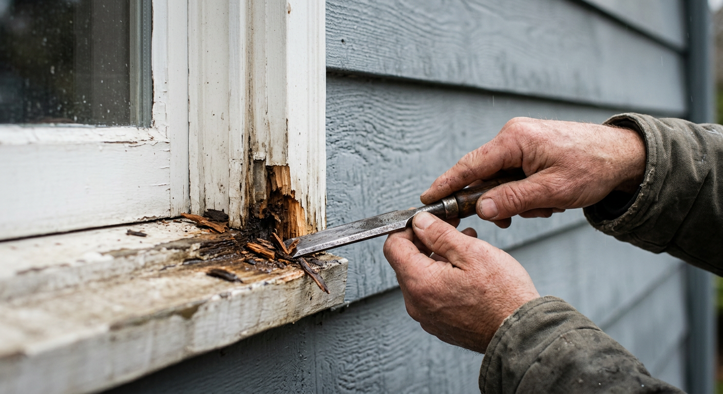 Window repairs in Mill Creek WA showing hands carefully chiseling rotted wood from an exterior window sill.