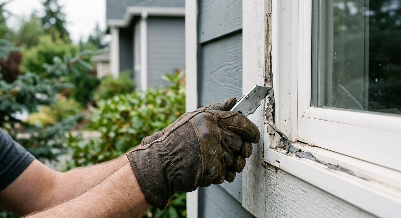 Close-up of a House Spouse technician performing professional window repairs on a home in Newcastle, WA.