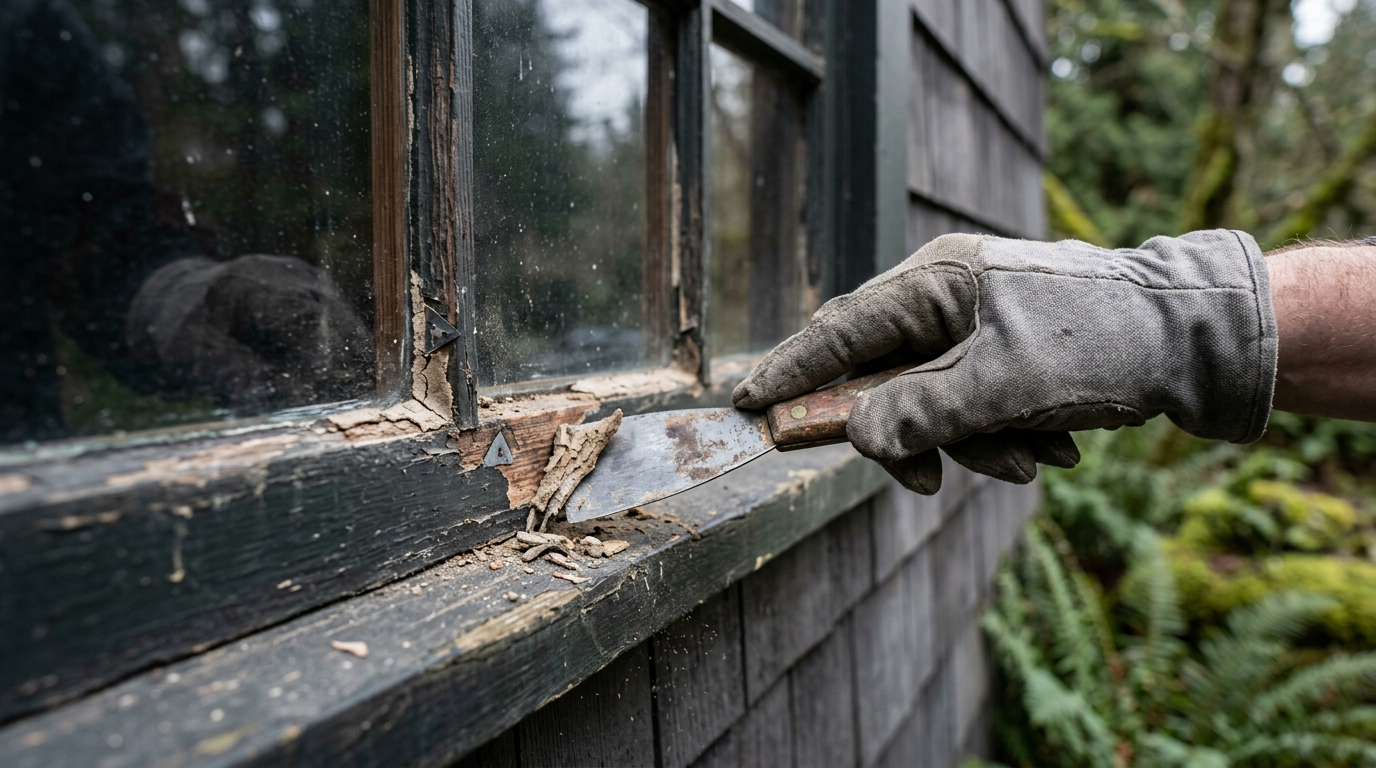 Close-up of a window sash repair being performed on a home in Newcastle, WA.