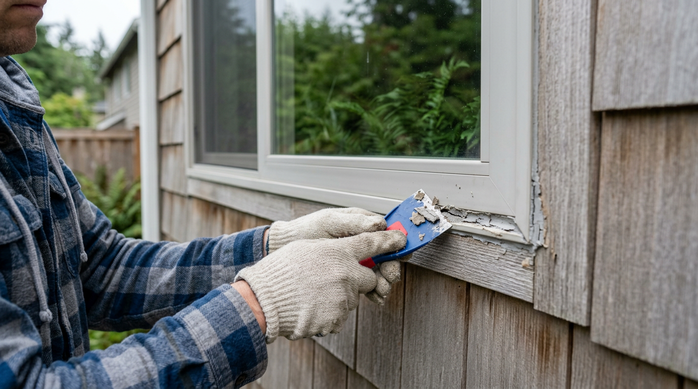 A close-up of a House Spouse handyman performing a window repair on a home in Newcastle, WA.