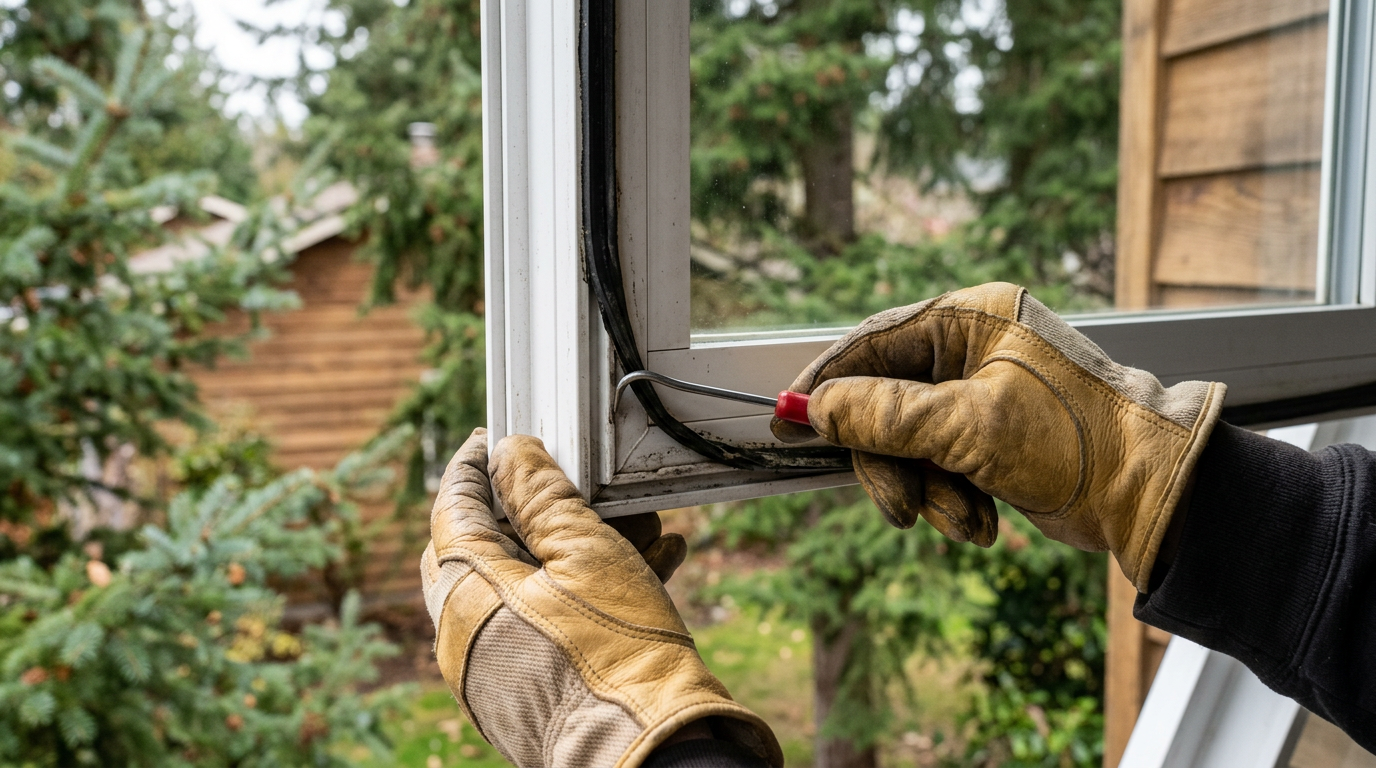 Close-up of hands repairing a foggy window seal on a home in Snohomish, WA.