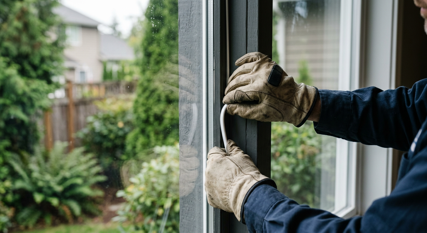 Close-up of a window repair in progress on a Snohomish, WA home, showing new seals being installed.