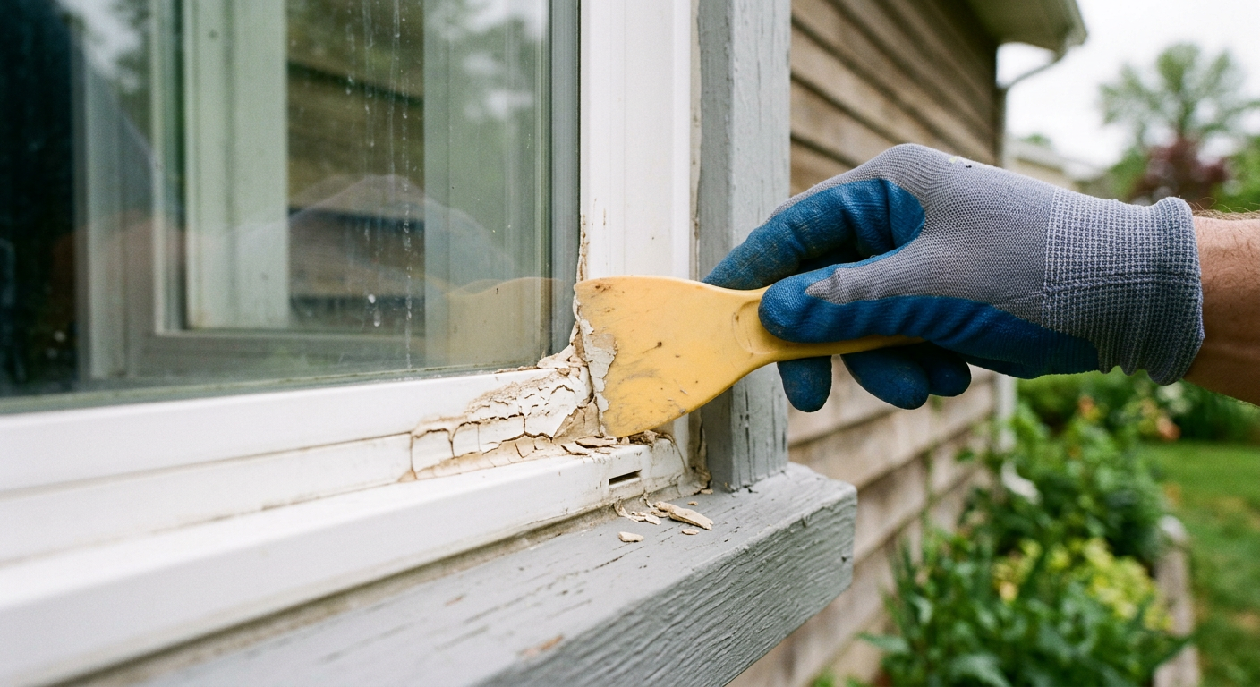 Close-up of a window frame being prepped for window repairs in Snohomish, WA.