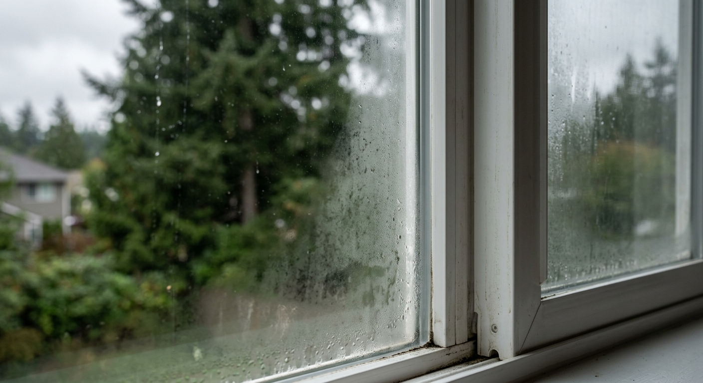 Close-up of a foggy double-pane window with a failed seal, a common issue needing window repairs in Snohomish homes.
