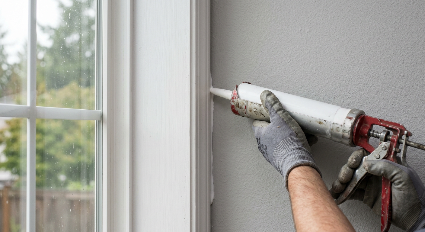 Applying fresh caulk to window trim during a trim and molding repair project in a Woodinville, WA home.