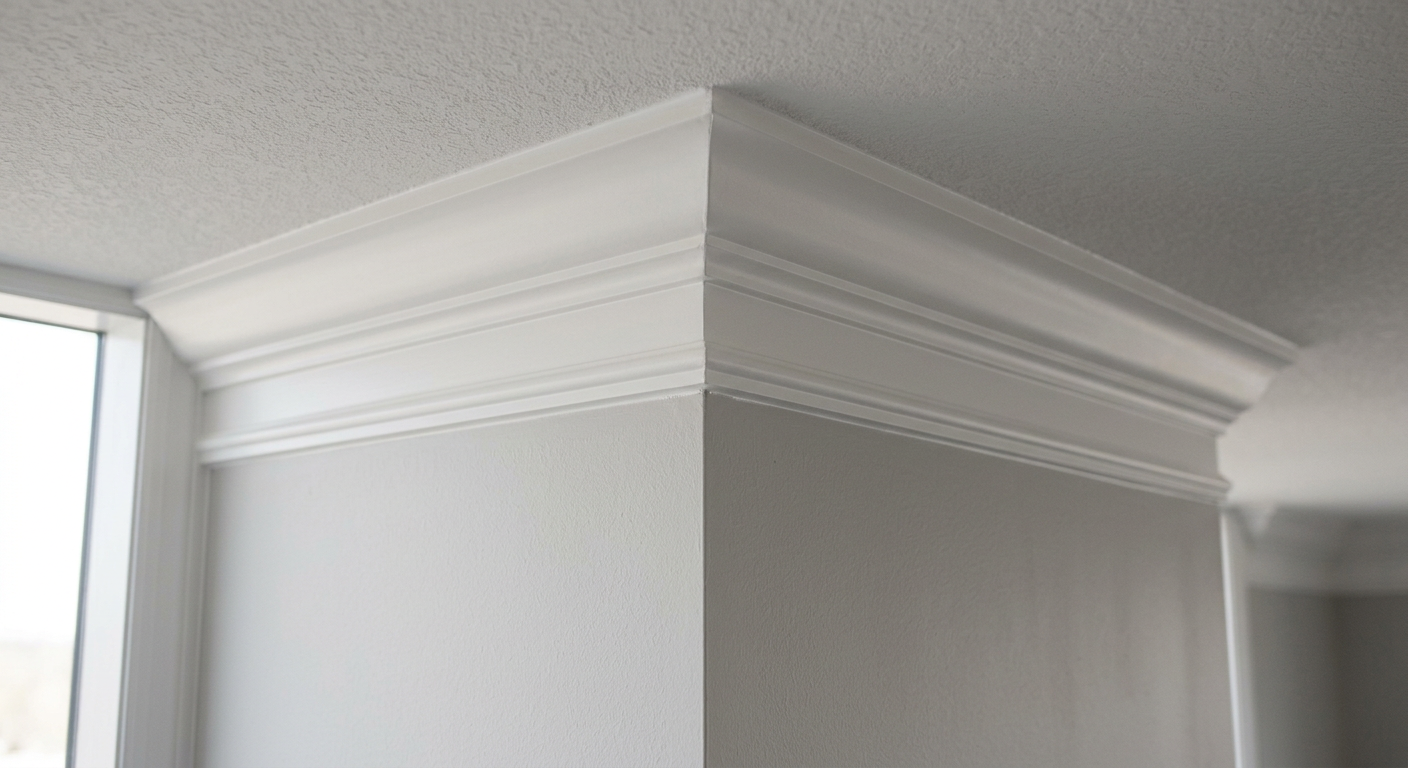 Perfectly mitered white crown molding in a high-end Woodinville home after professional repair.