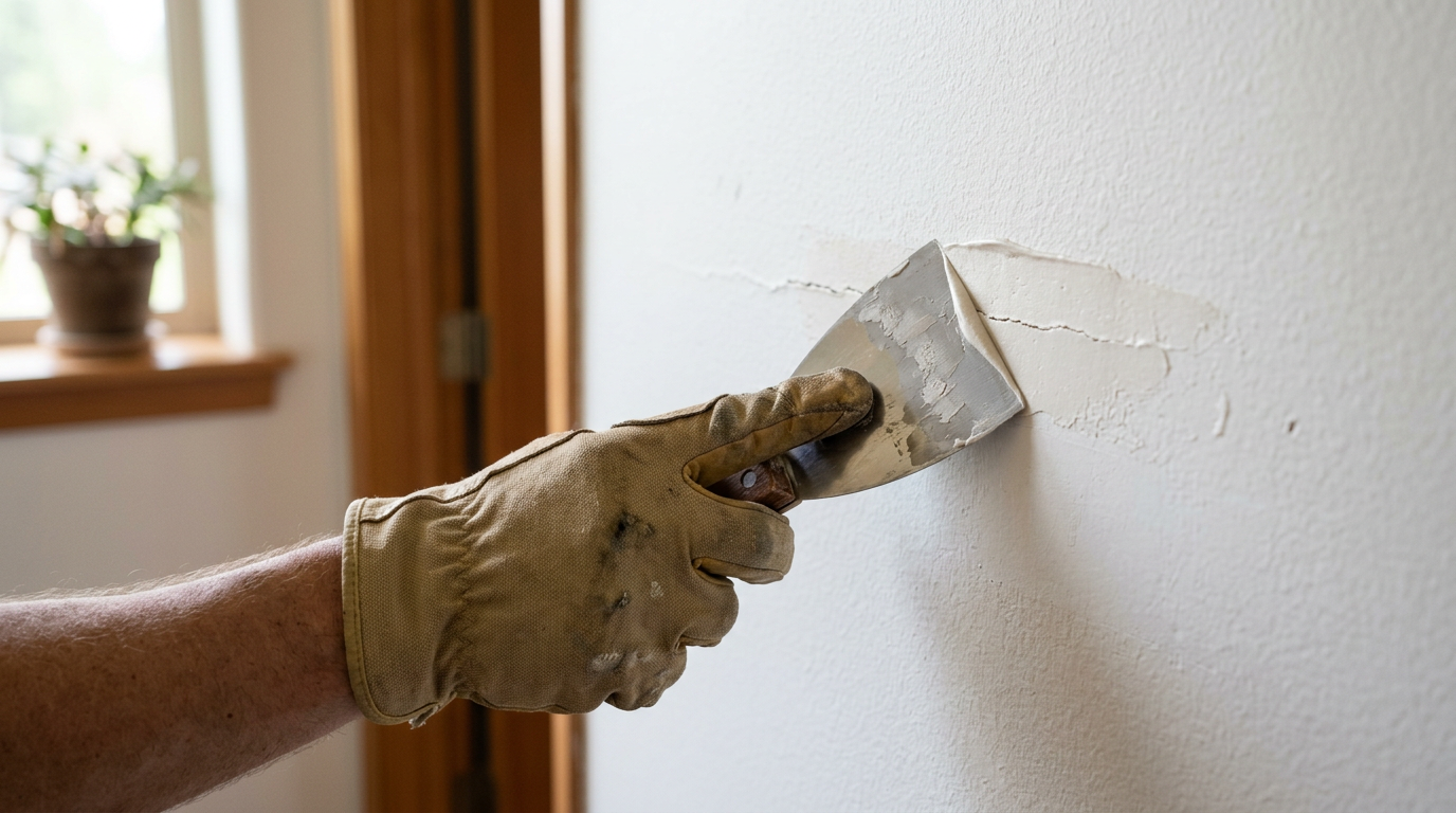 A professional handyman performing a quality drywall repair on an interior wall in a Yarrow Point home.