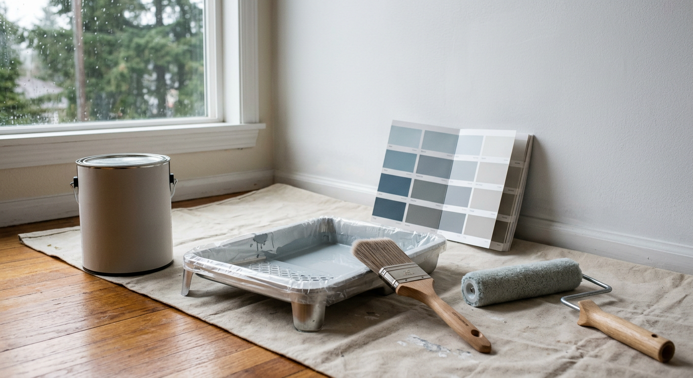 A freshly prepped room for interior painting in a Yarrow Point home, with professional tools and paint swatches ready.