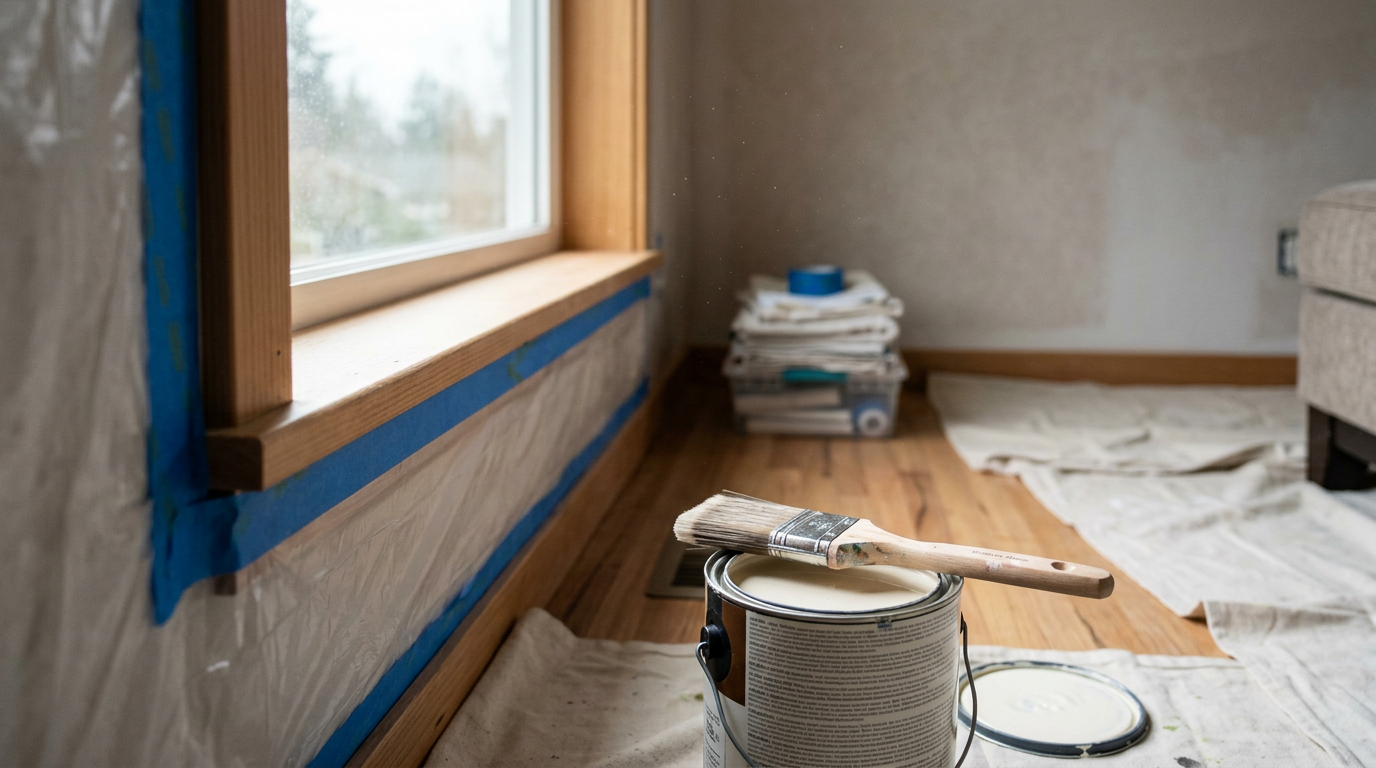 Professionally prepped window trim in a Yarrow Point home, ready for a fresh coat of interior paint.