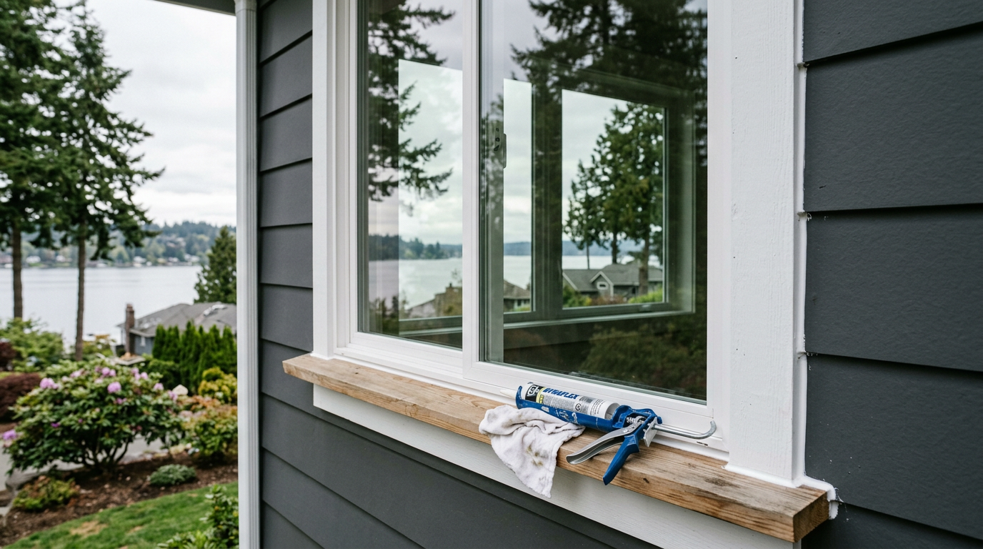 A clean, white window frame on a Yarrow Point home with a caulking gun resting on the sill, signifying proactive property maintenance.